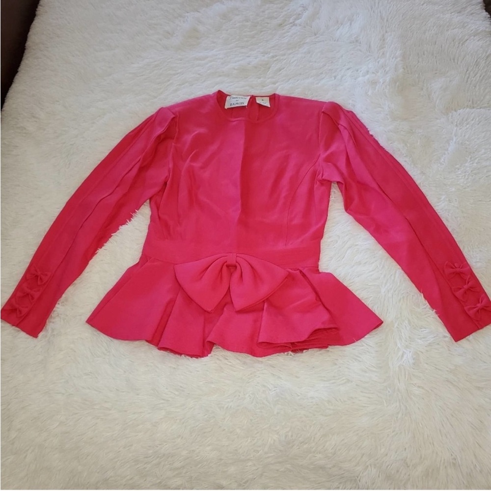 Vintage 80s Francesca of Damon Hot Pink Button-back Peplum Top with Bows Size 4